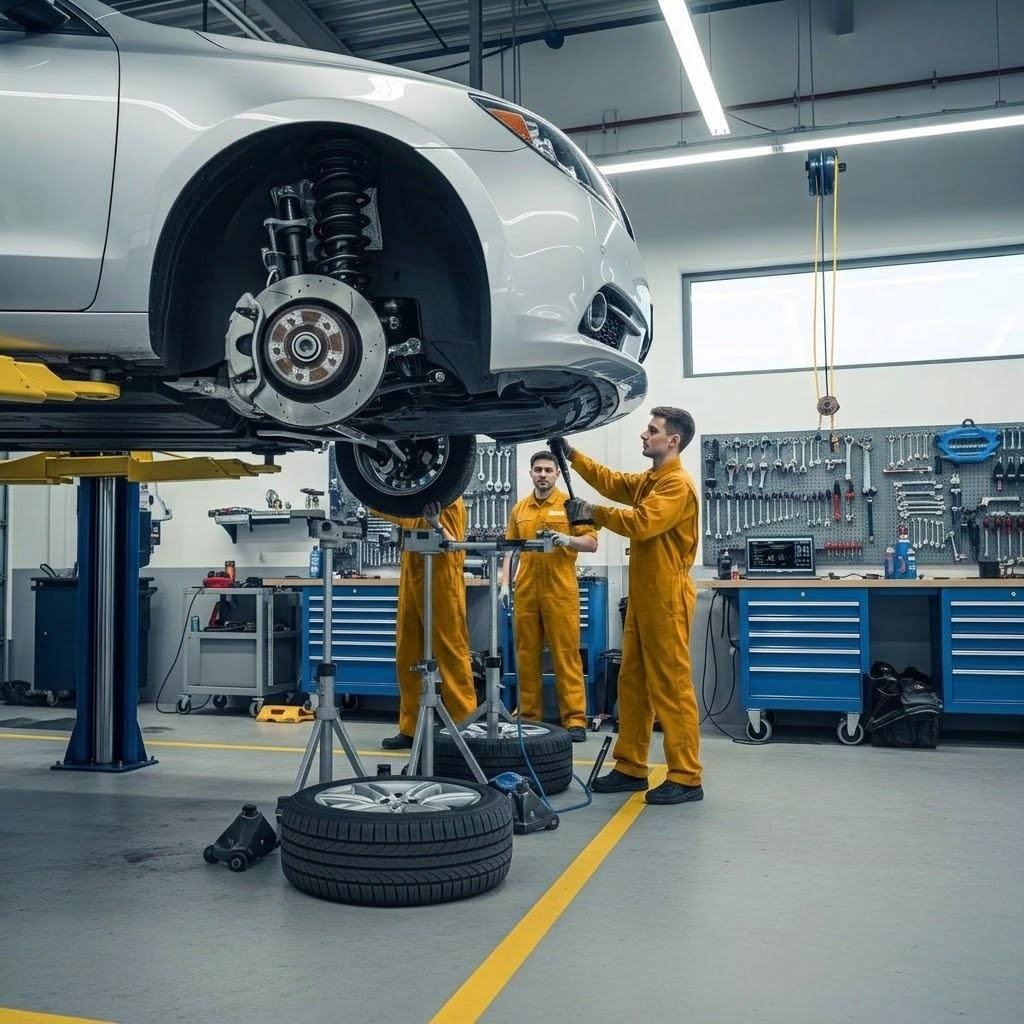 Two technicians servicing a car on a lift