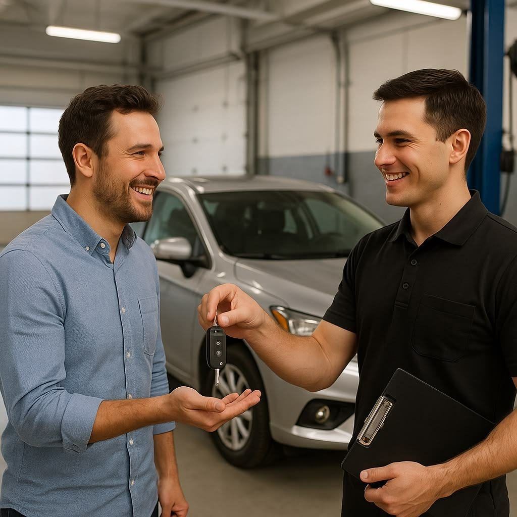 Technician handing car keys to a smiling customer