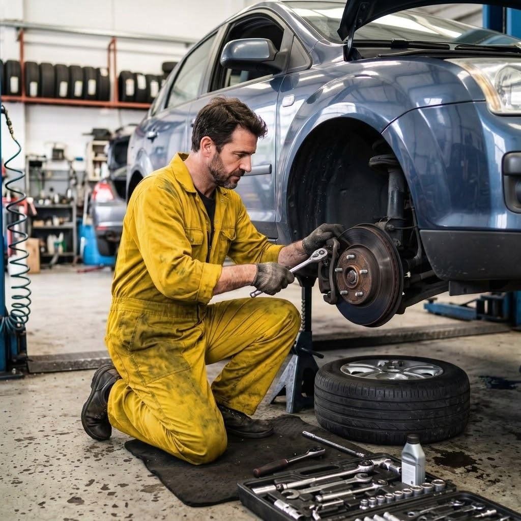 Technician inspecting a brake disc
