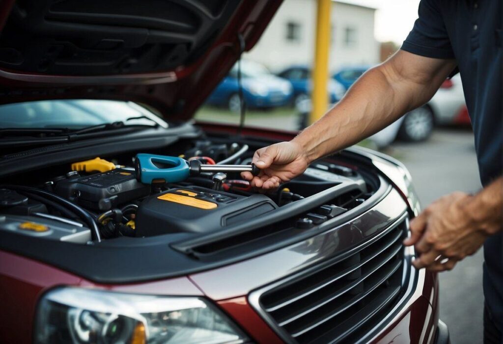 Technician tightening a part in an engine bay