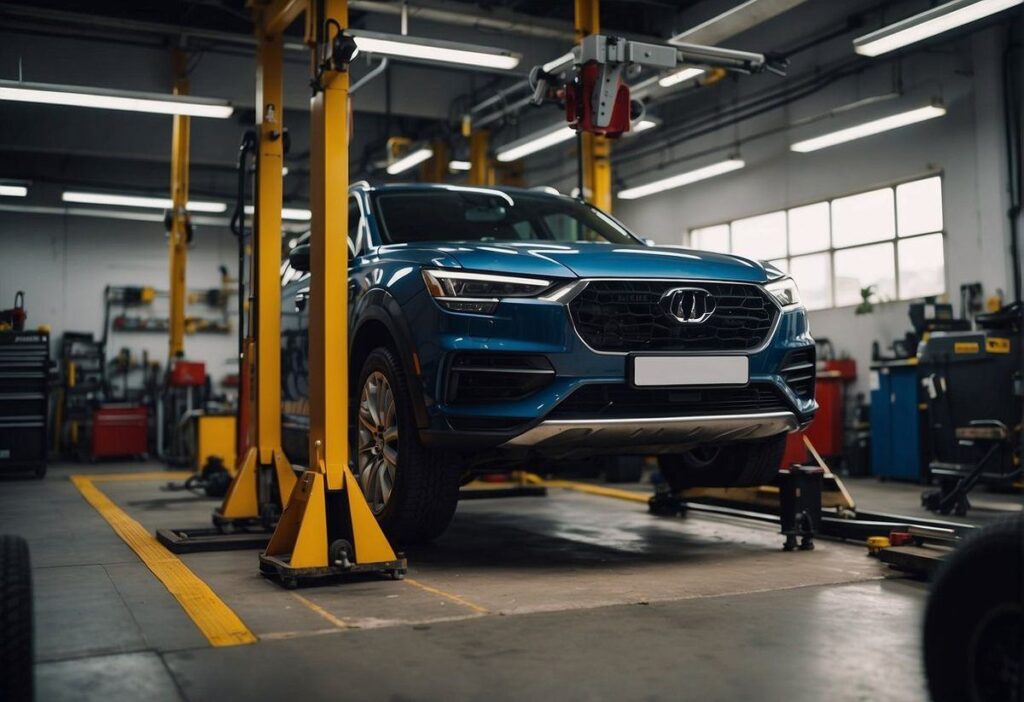 SUV raised on a lift in the repair bay