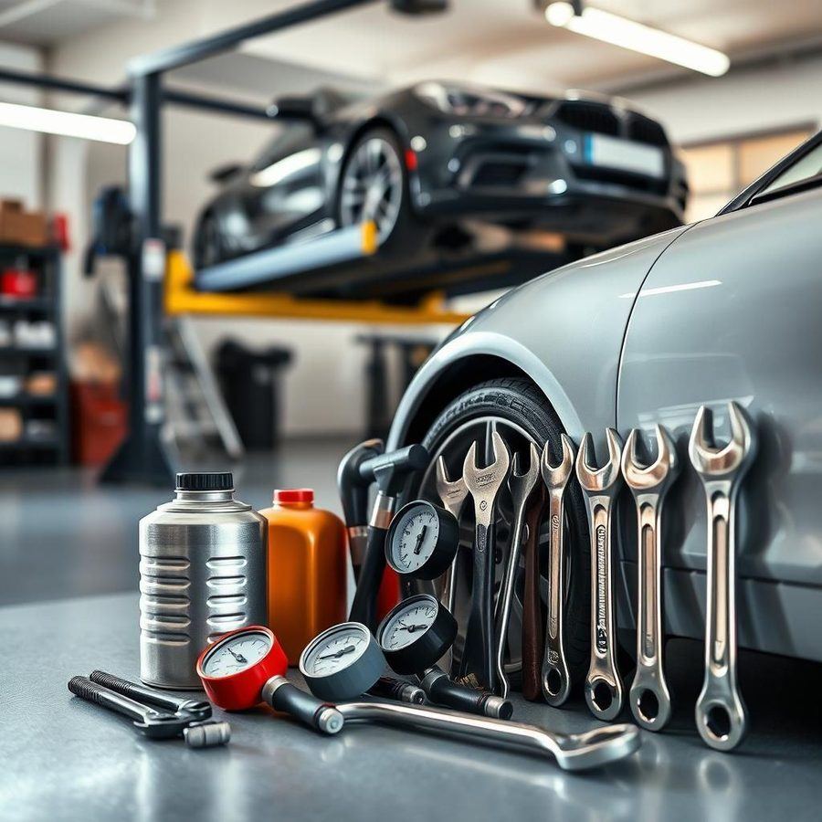 Mechanic tools and gauges lined up beside a car wheel