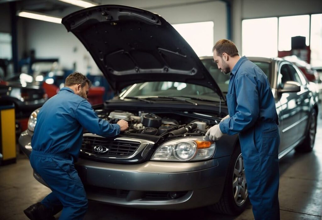Two technicians working on an engine